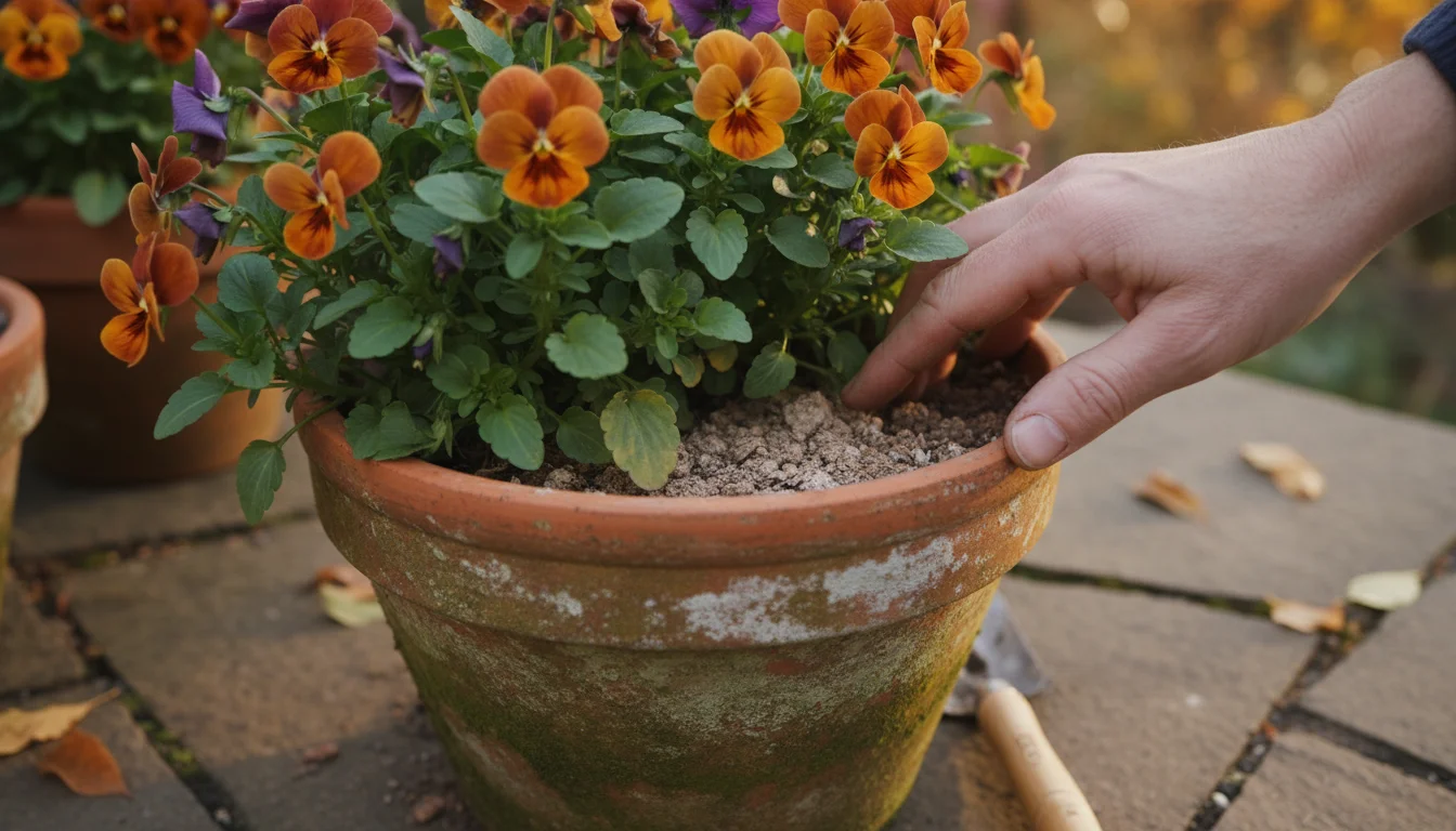 Close-up of a gardener's hand examining a fall pansy plant in a terracotta pot, revealing slightly dry soil.