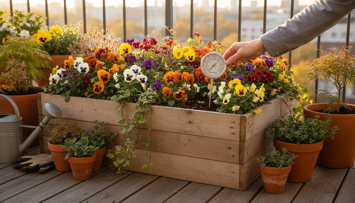 A gardener's hand holds an analog moisture meter deeply inserted into a large rectangular planter box on a balcony, showing a 'dry' reading.