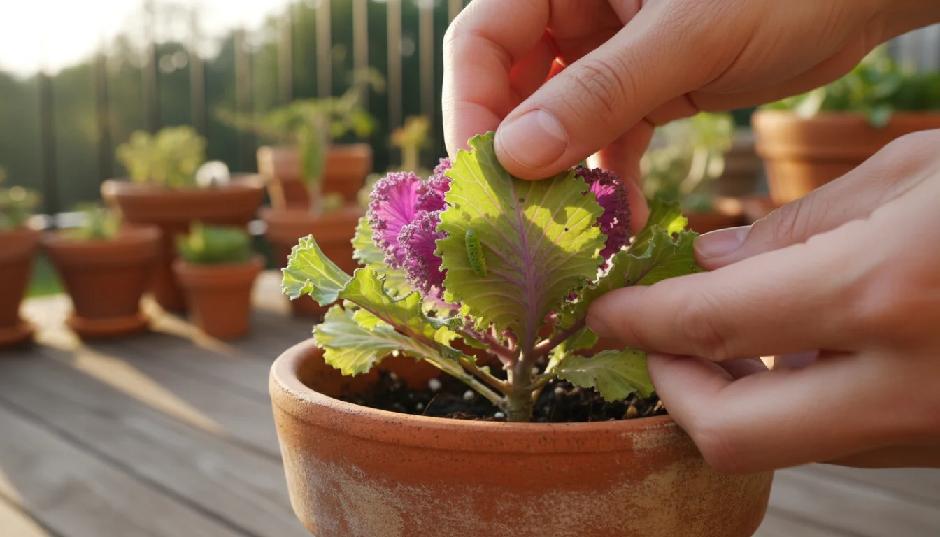A gardener's hand inspecting the underside of a colorful ornamental kale leaf, revealing a small green cabbage worm.