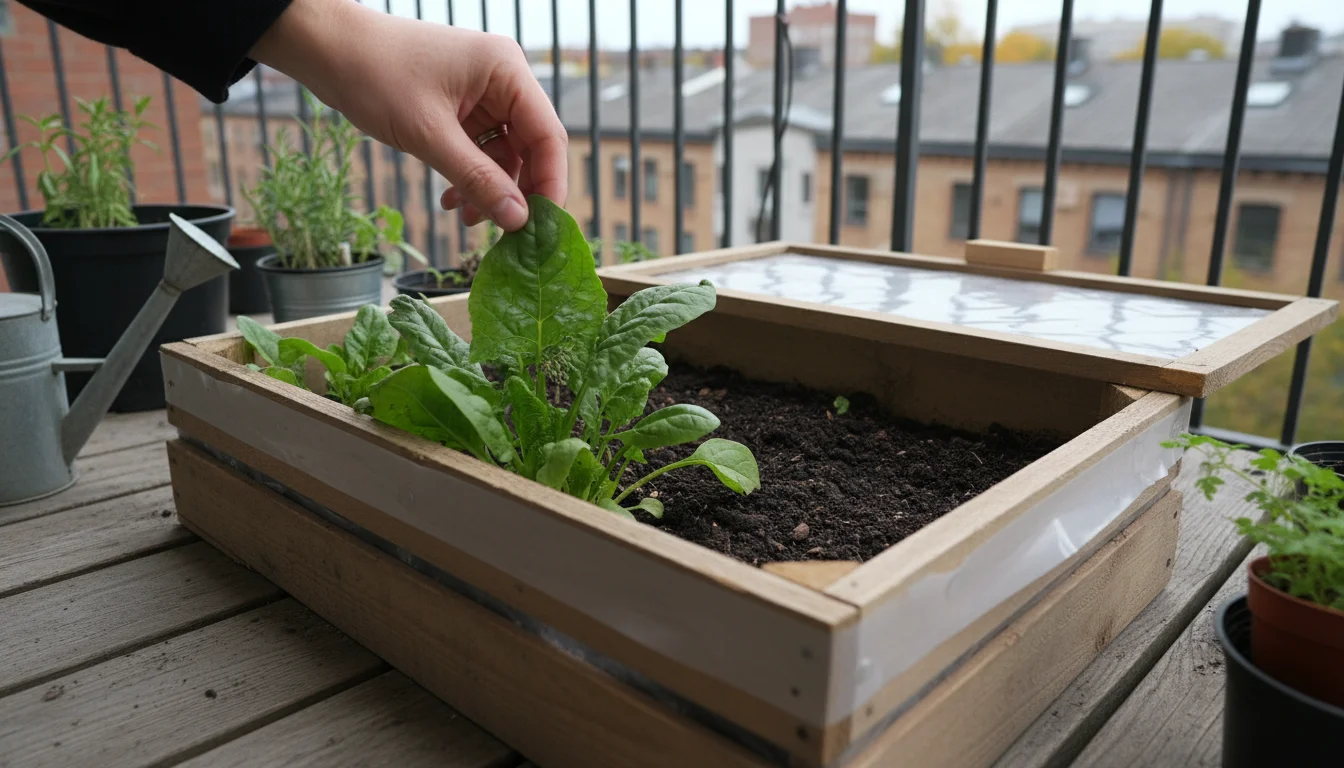 A gardener's hand lifts a spinach leaf inside a wooden cold frame, revealing a small cluster of green aphids.