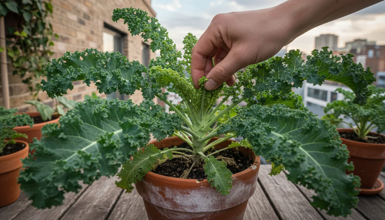 A gardener's hand pinching a green flower stalk from a healthy curly kale plant in a terracotta pot on a balcony.