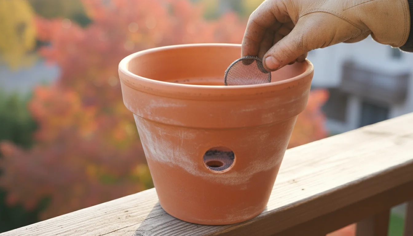 A gardener's hand places a small mesh screen over the drainage hole of an empty terracotta pot on a wooden balcony railing.