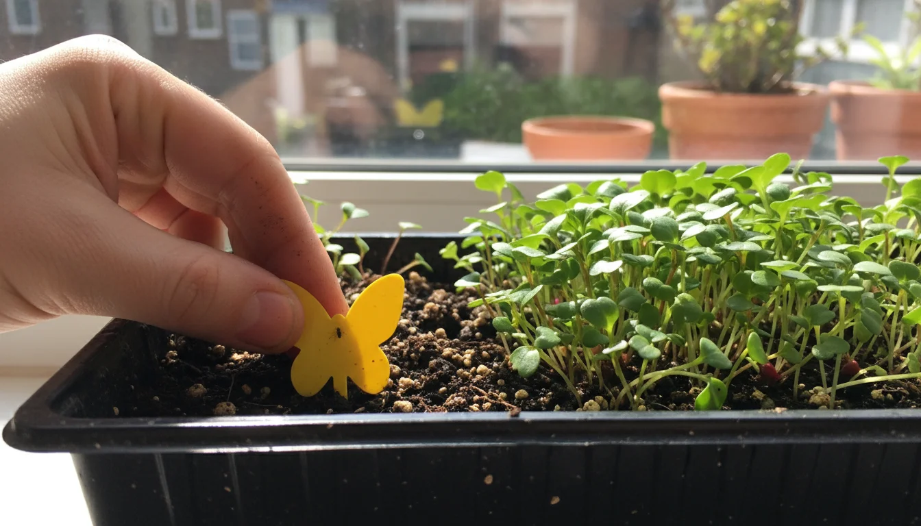 A gardener's hand placing a small yellow sticky trap in a tray of microgreens on a windowsill, with a tiny gnat visible on the trap.