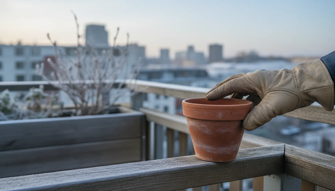 A gardener's hand gently touching an empty terracotta pot on a wooden balcony railing, with blurred winter plants and city in background.