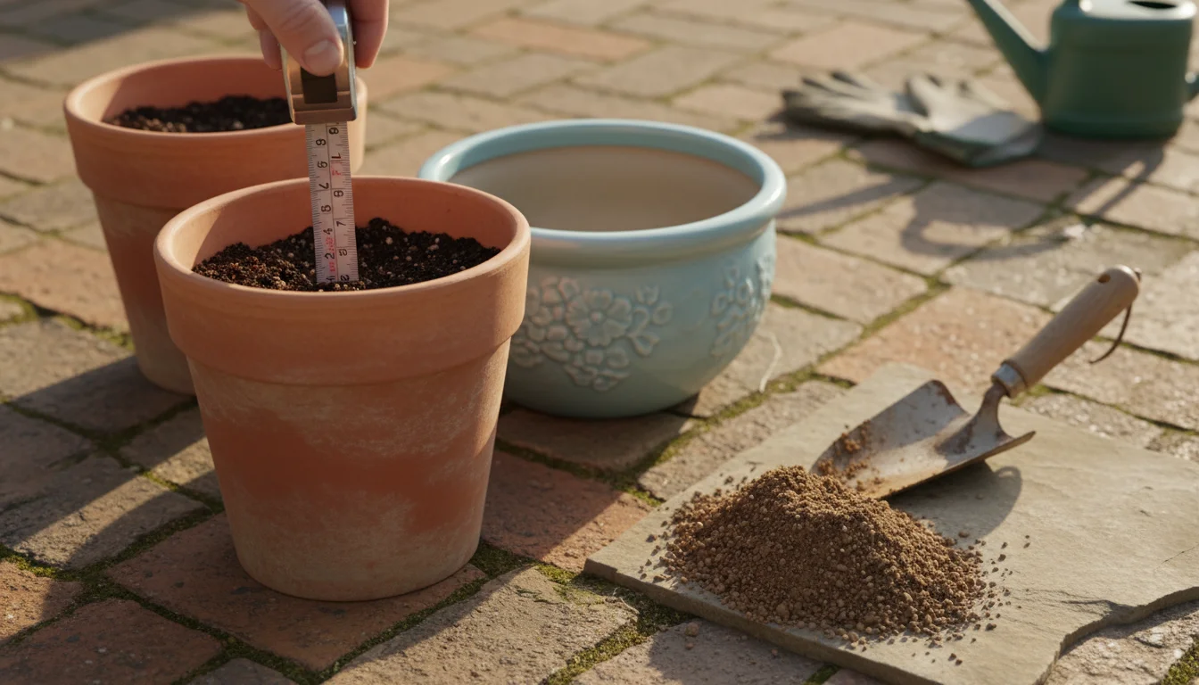 A gardener's hand uses a measuring tape to show the depth inside a tall terracotta pot on a brick patio. A shallow pot sits next to it.
