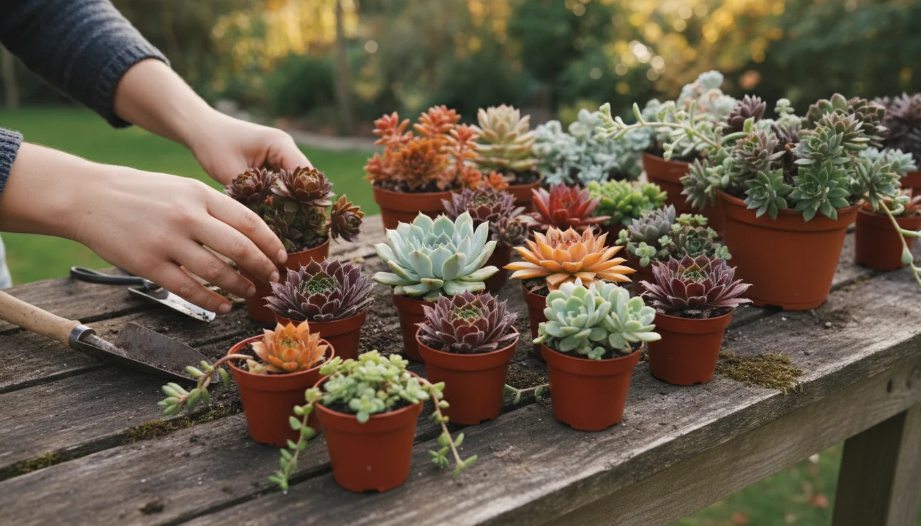 Gardener's hands gently arrange small pots of varied Sempervivum and Sedum plants on a rustic potting bench.