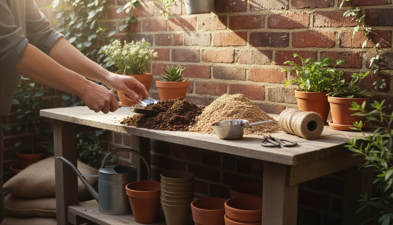 Gardener's hands blend dark leaf mold into lighter potting mix on a rustic patio workbench, surrounded by empty terracotta pots and tools.