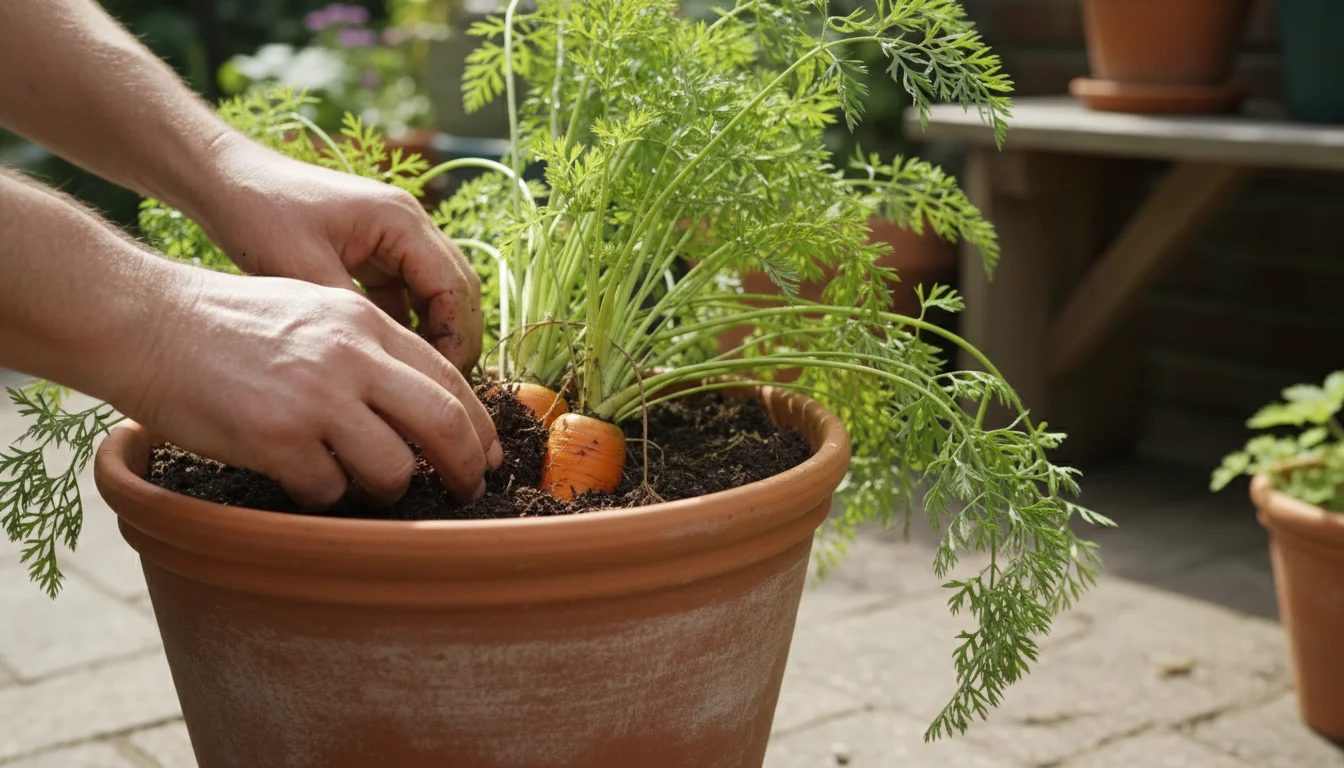 A gardener's hands gently brush dark soil from around vibrant green carrot tops in a terracotta pot, revealing an orange carrot shoulder.