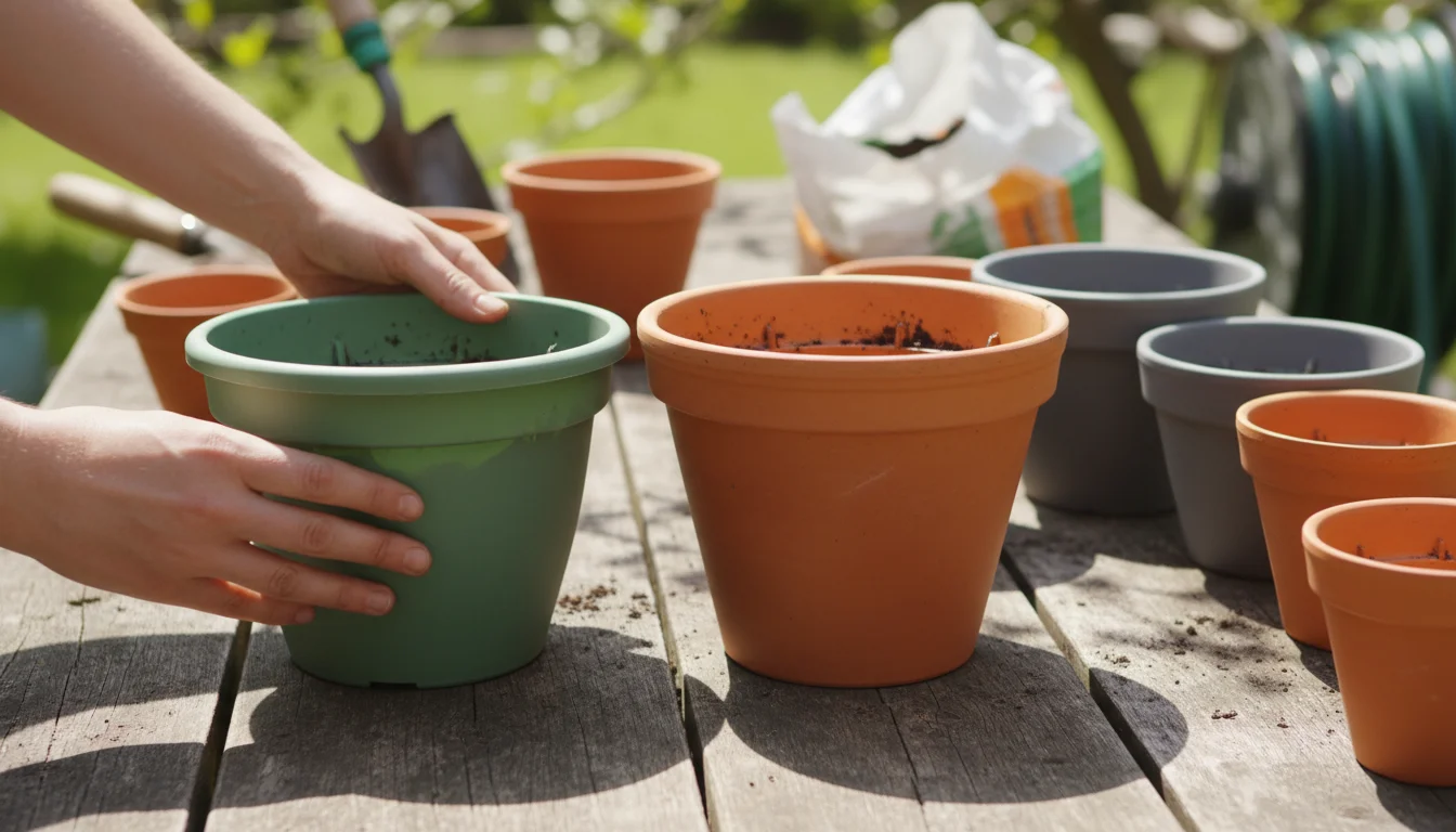 A gardener's hands compare an 8-inch green plastic pot and a 14-inch terracotta pot on a weathered wooden table, with a blurred ornamental cabbage in 