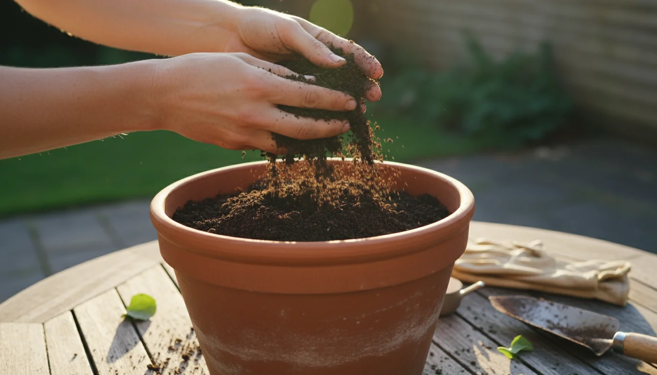 Gardener's hands gently crumble loose potting mix over a deep terracotta planter, with a perfectly straight carrot on a wooden patio.