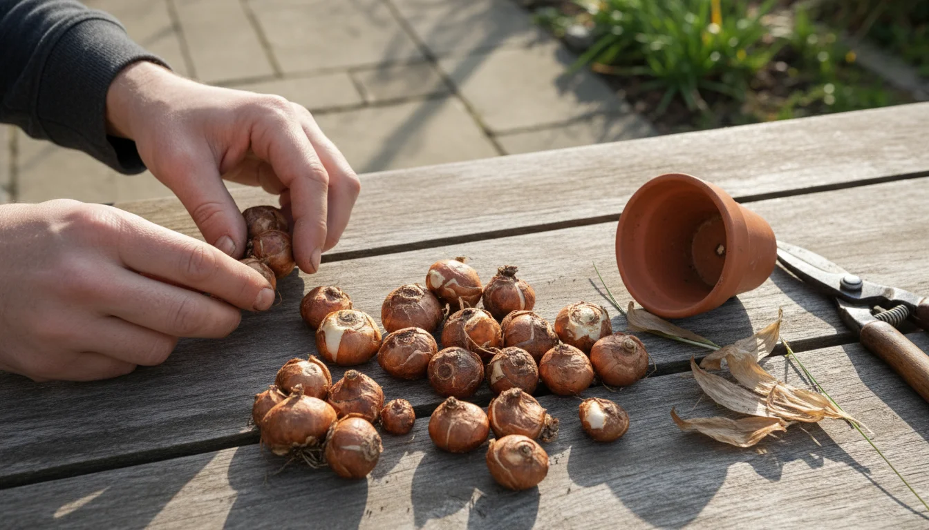 A gardener's hands gently dividing dormant saffron crocus corms on a wooden surface, with separated corms and dry foliage near a terracotta pot.