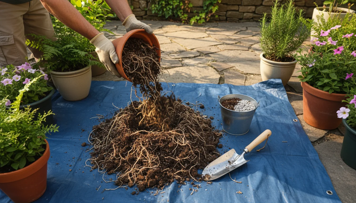 Gardener's hands emptying old potting soil from a terracotta pot onto a blue tarp on a sunny patio, with roots visible.