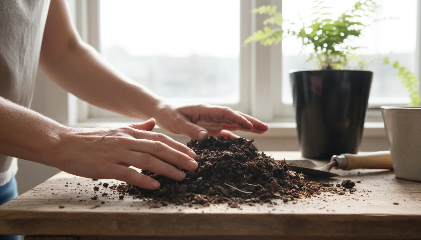 Gardener's hands examine dark, moist, partially decomposed leaf mold on a wooden bench, with a black bag in the background.
