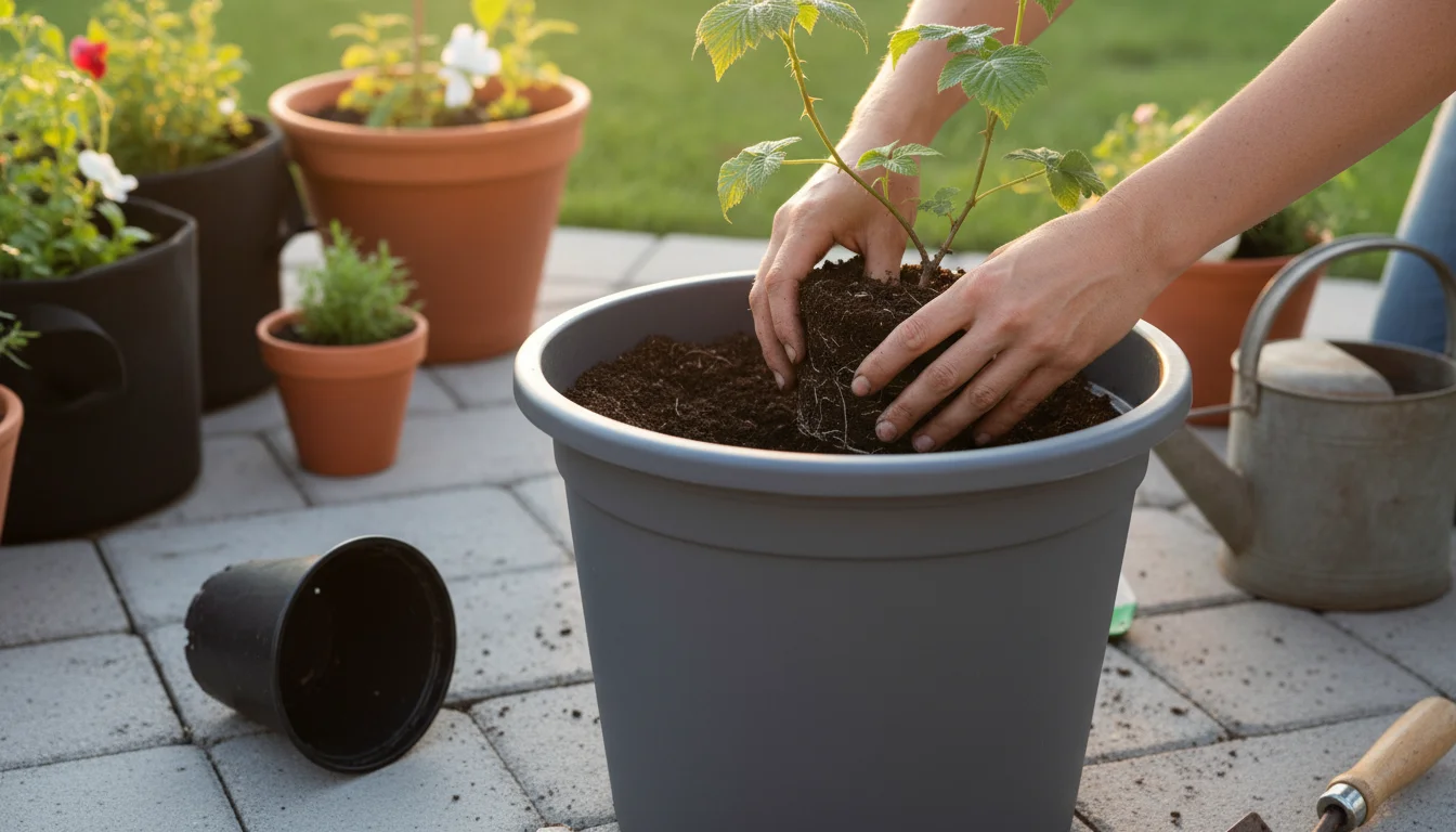 A gardener's hands guide a young raspberry bush from a small nursery pot into a large, dark grey 10-gallon container on a patio.