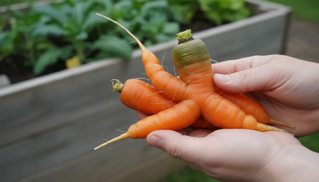 A gardener's hands hold three harvested carrots: one is forked, one is small and stunted, and one has a green top.