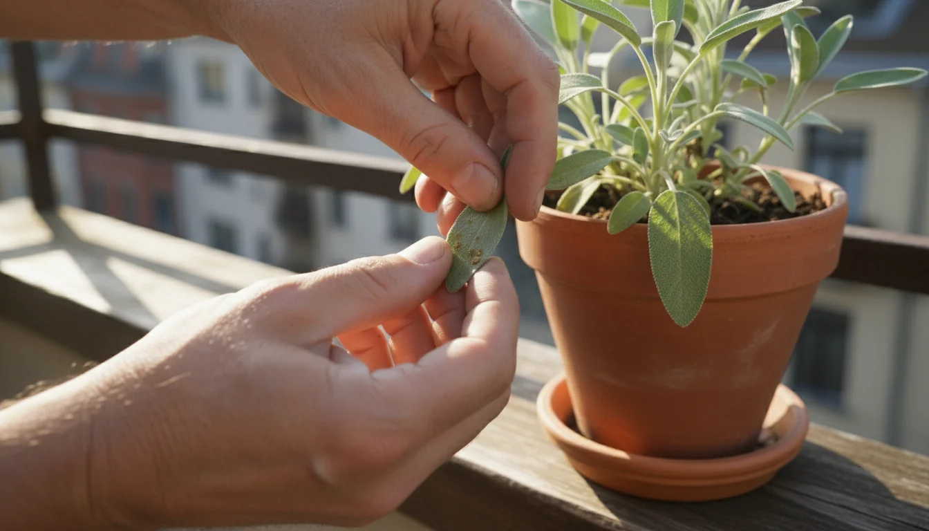 A gardener's hands inspect the underside of a fall plant's leaf in a pot for pests, with an organic pest spray bottle nearby.