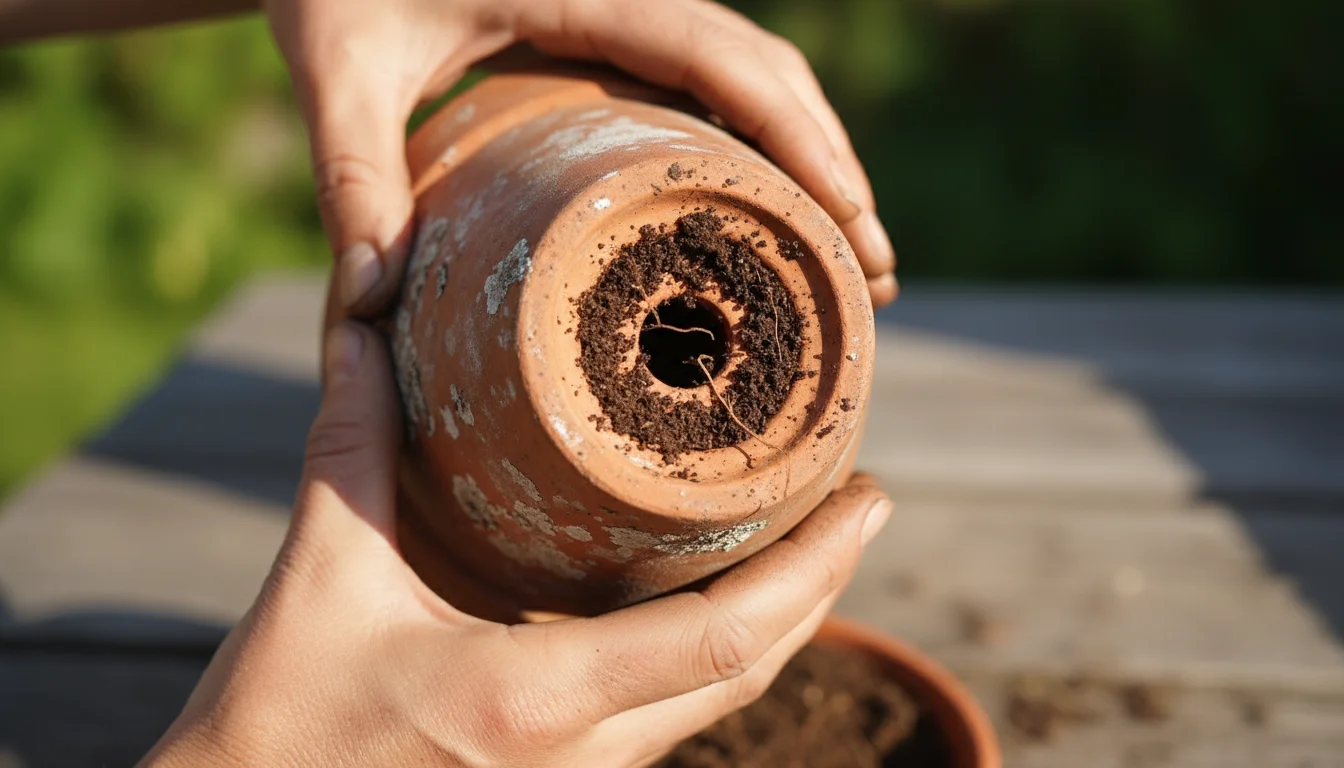 Gardener's hands inspecting the drainage hole and compacted soil at the bottom of a weathered terracotta pot.
