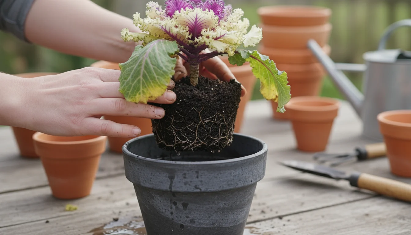 A gardener's hands gently lift a struggling ornamental kale from a dark ceramic pot, revealing a visibly waterlogged, heavy root ball.