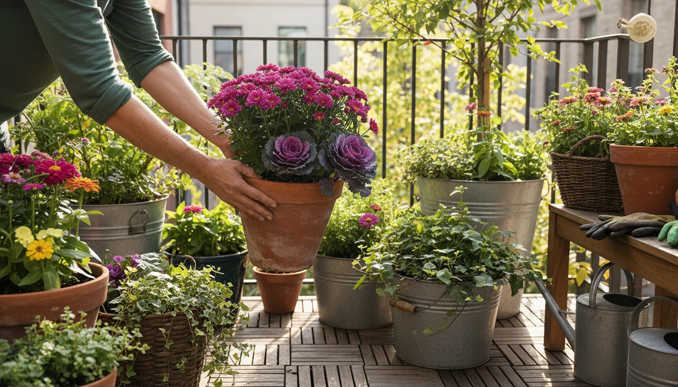 Gardener's hands gently lift a terracotta pot with a fall plant, feeling its weight to gauge soil moisture.