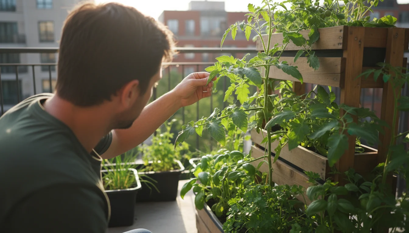 A gardener's hands gently lift a vibrant tomato leaf in a vertical planter on a sunny balcony, meticulously checking for early signs of pests.