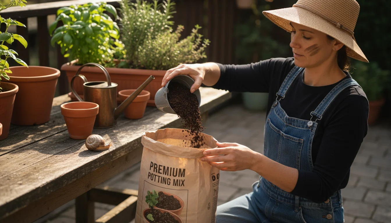 Gardener's hands mixing dark, crumbly leaf mold into a bag of potting mix on a wooden bench, surrounded by potted plants.
