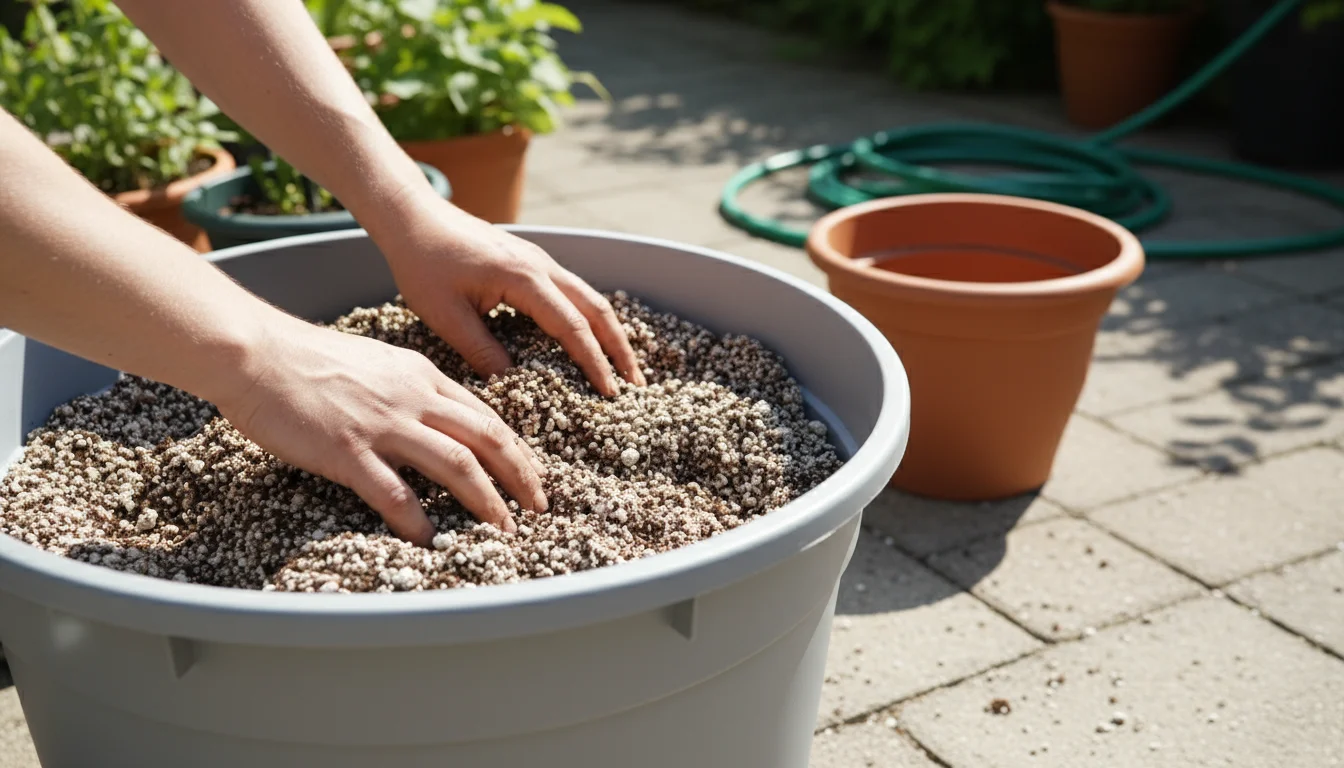 A gardener's hands mixing light, dark potting soil with perlite and compost in a large container on a clean patio.