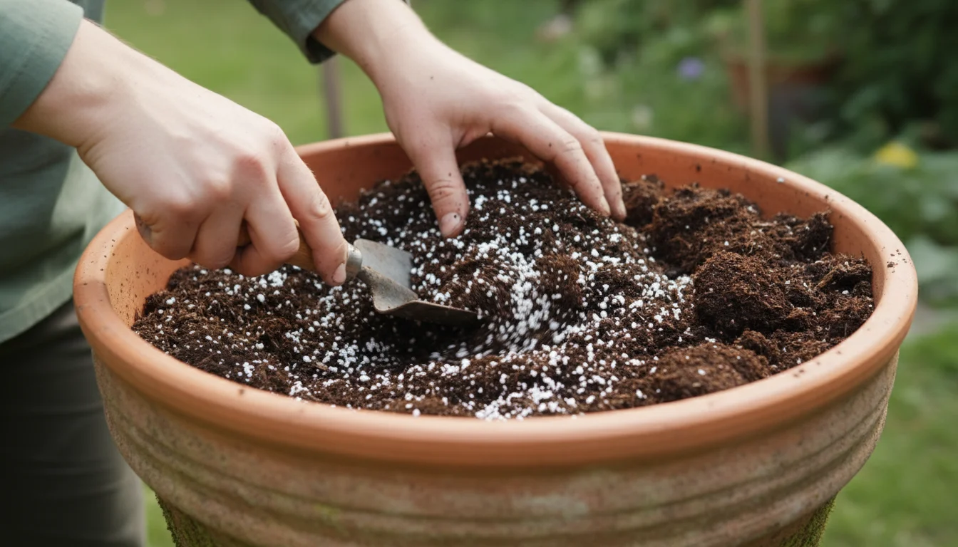 A gardener's hands mixing potting mix, perlite, and compost with a trowel inside a deep terracotta pot.