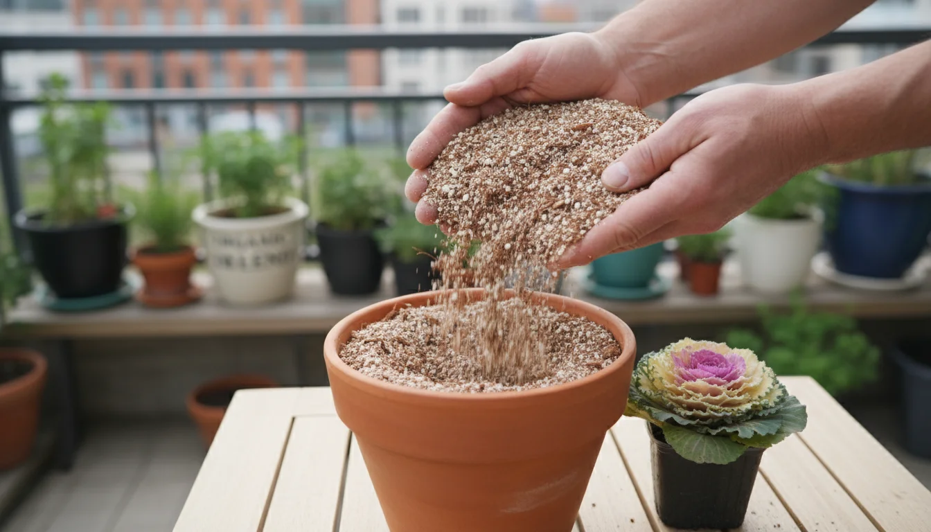 Gardener's hands pouring airy, chunky potting mix with visible perlite into a terracotta pot on a patio table, with a fall plant nearby.