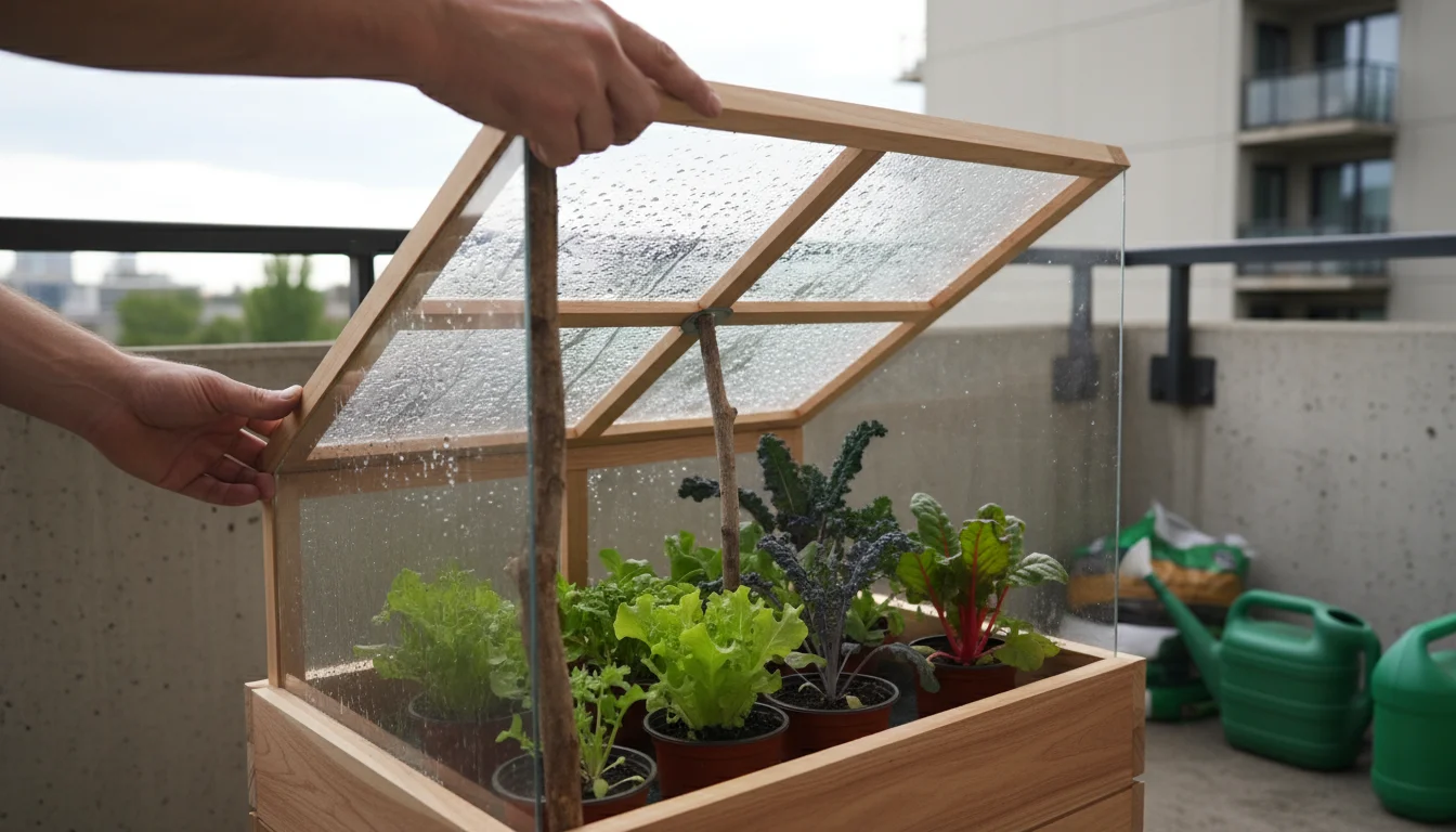 Gardener's hands propping open a cold frame lid on a balcony. Condensation is visible inside, above leafy green plants.