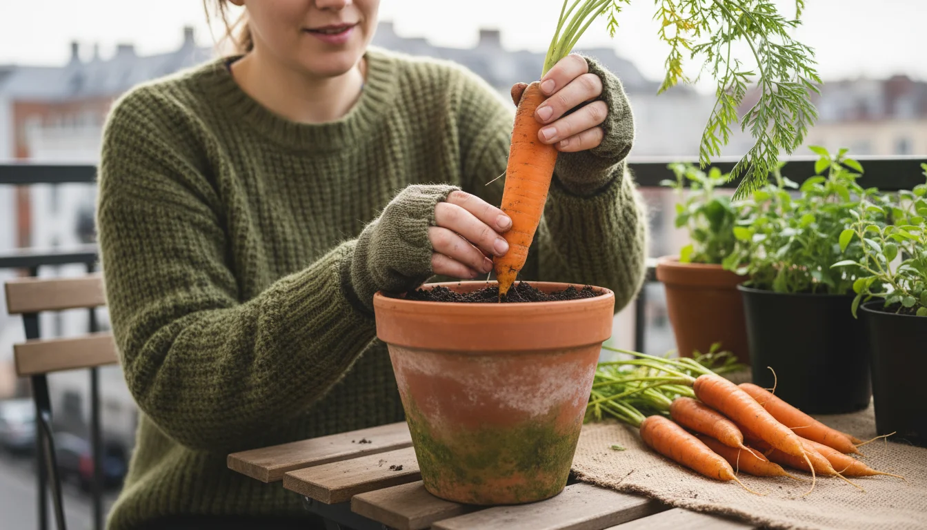 A gardener's hands gently pull a bright orange carrot from a deep terracotta pot on a balcony, with other harvested carrots nearby.