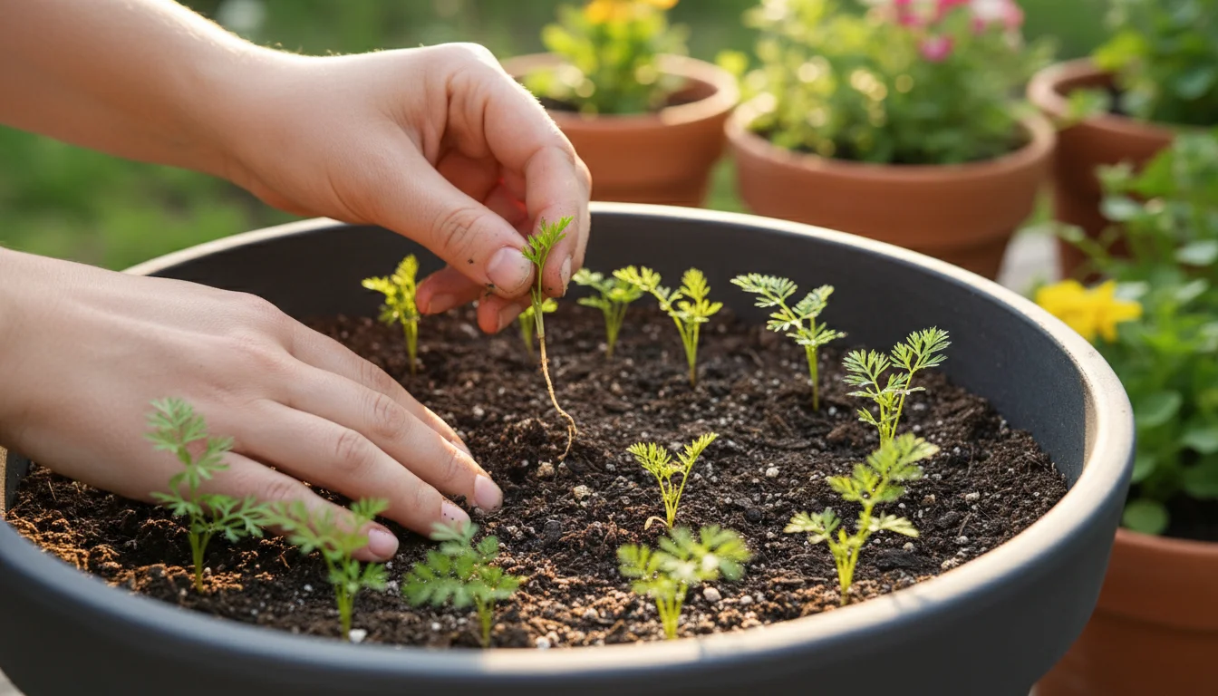 A gardener's hands gently pull a weak carrot seedling from a deep pot, showing tiny, spaced plants on a wooden patio.