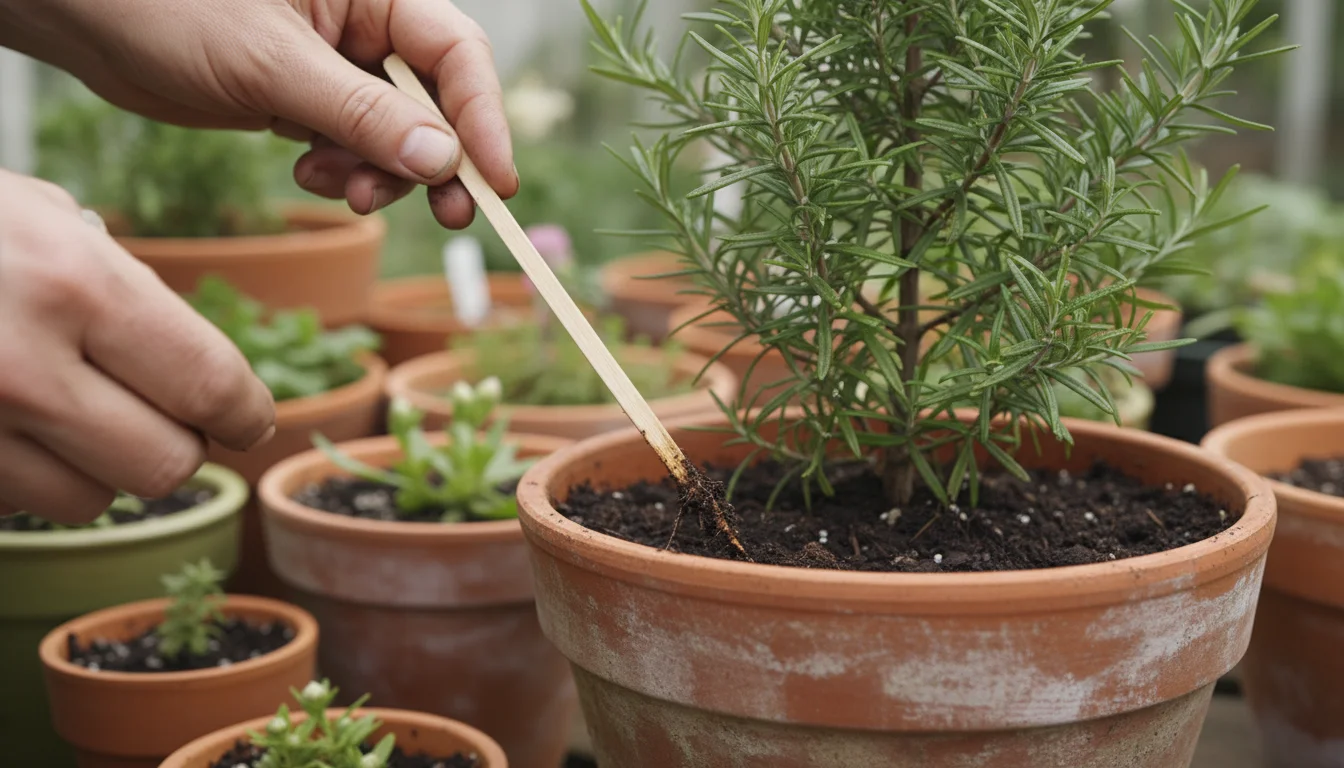 Gardener's hands pull a wooden skewer from a terracotta pot, with moist soil visible on the tip.