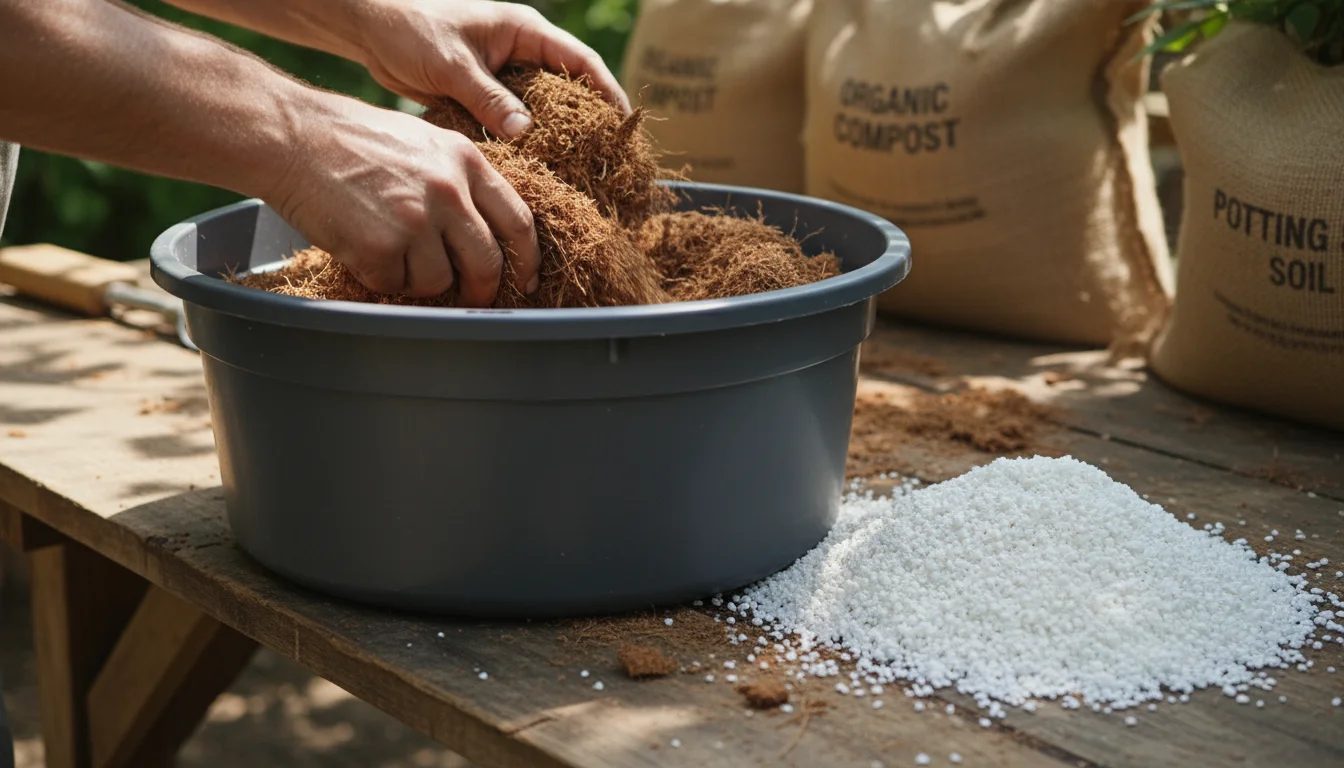 Gardener's hands scoop coir into a tub on a wooden bench, next to a pile of perlite, for potting mix.