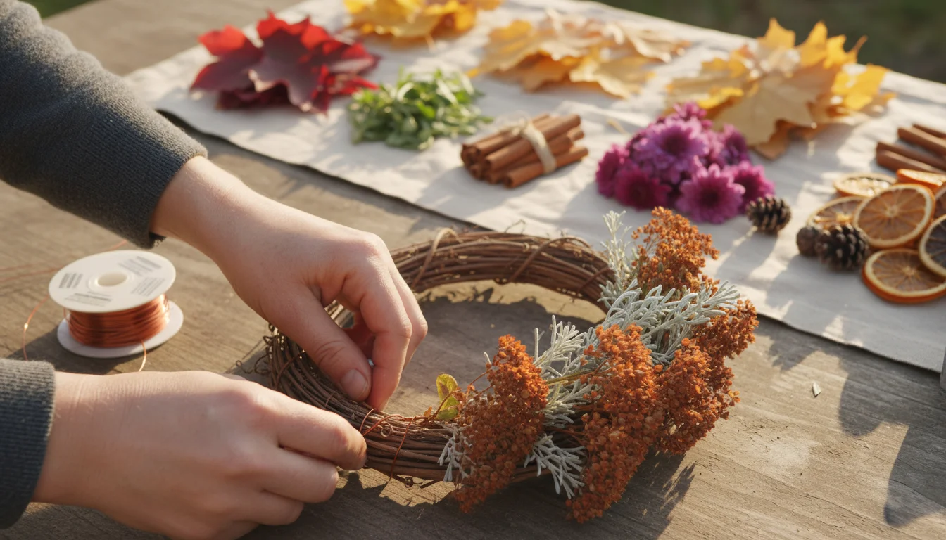 Gardener's hands securing dried sedum and artemisia clippings to a rustic wreath form with floral wire. More trimmed clippings blur in background.