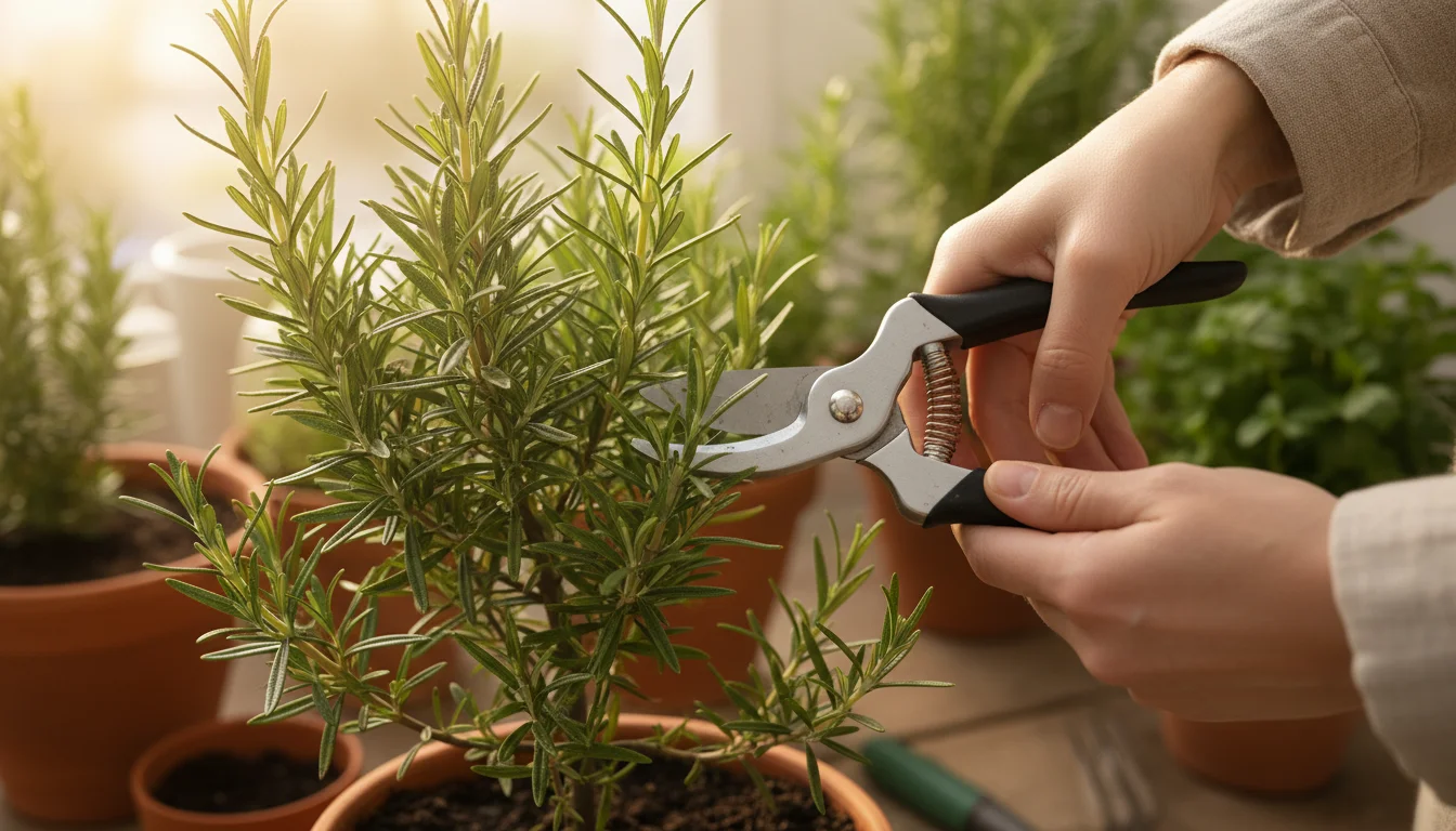 A gardener's hands with sharp pruners, positioned to cut a healthy rosemary stem from a pot on a sunny balcony.