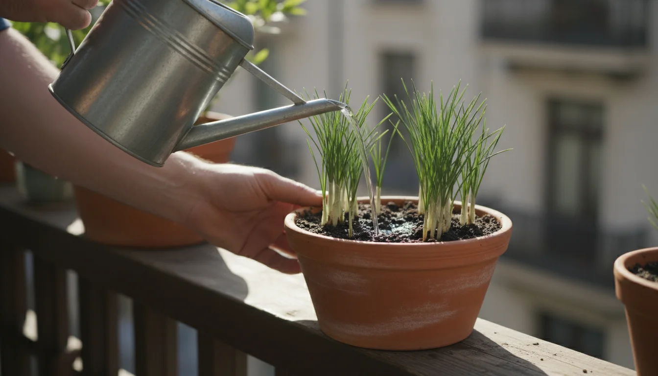 A gardener's hands watering a terracotta pot of healthy green crocus foliage on a sunny balcony railing.