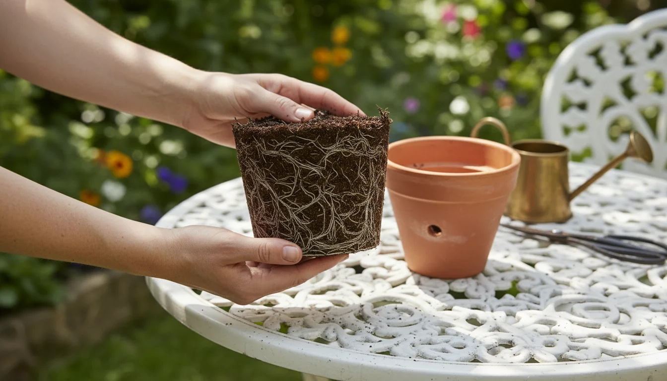 A gardener holds a dense, pot-shaped root ball, showing tightly packed roots and compacted soil from a small pot.