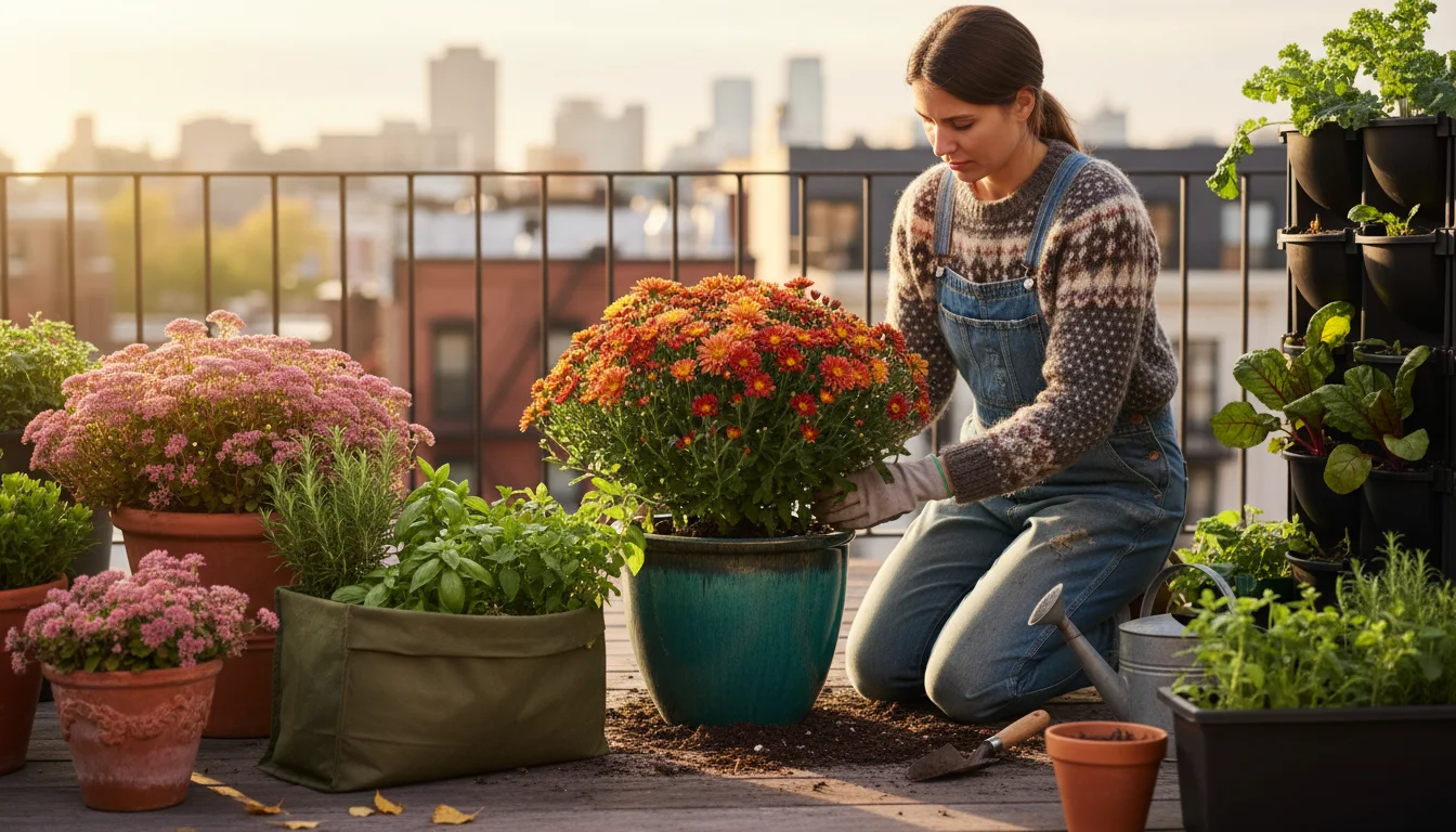 Gardener kneeling on a patio, gently touching soil of a fall chrysanthemum in a glazed pot, surrounded by various container plants and a vertical gard
