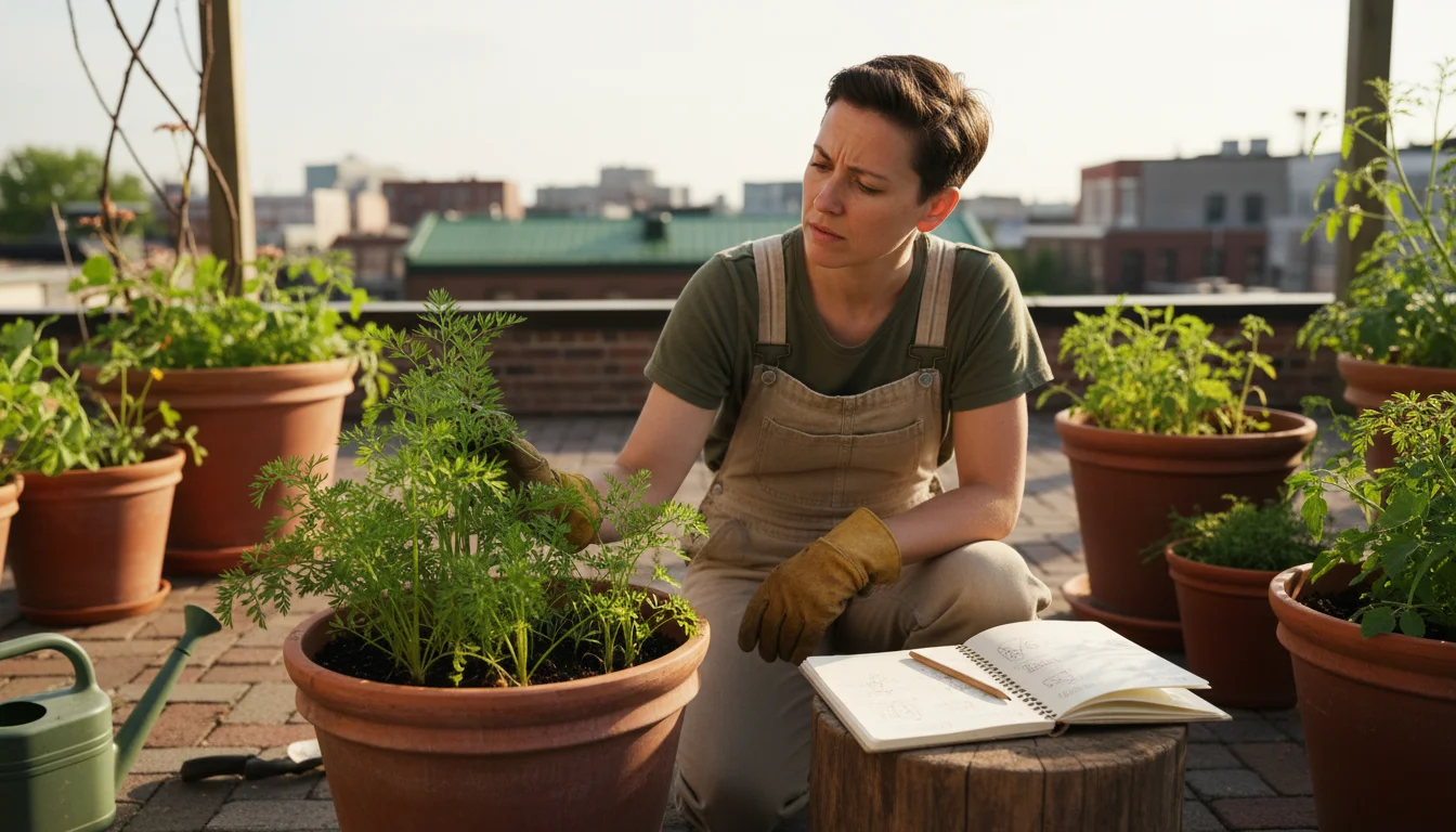 A gardener kneels on an urban patio, observing deep terracotta pots with carrot plants. An open journal is nearby.