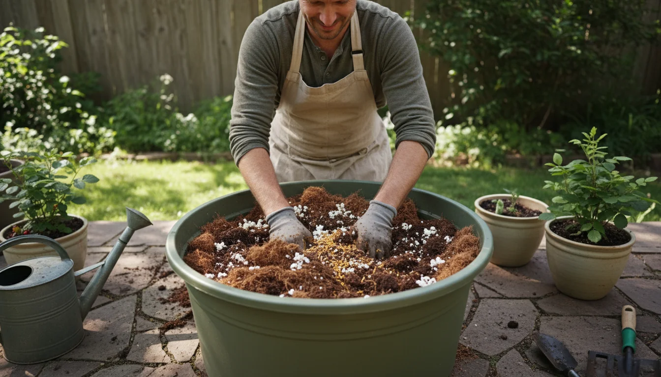 A gardener mixes coir-based potting mix, perlite, compost, and granular fertilizer in a large tub on a small patio.