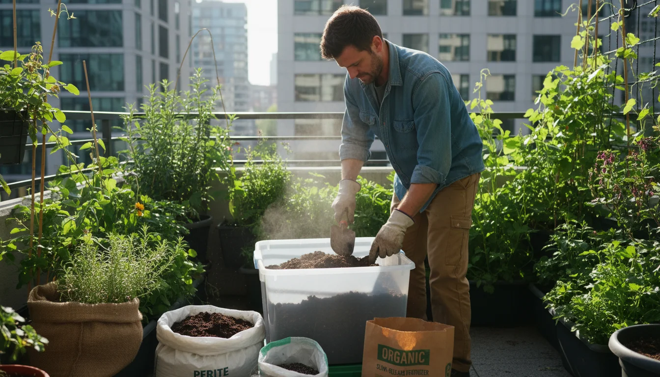 Gardener mixing potting soil and amendments in a large bin on an urban balcony, with healthy container plants in the background.