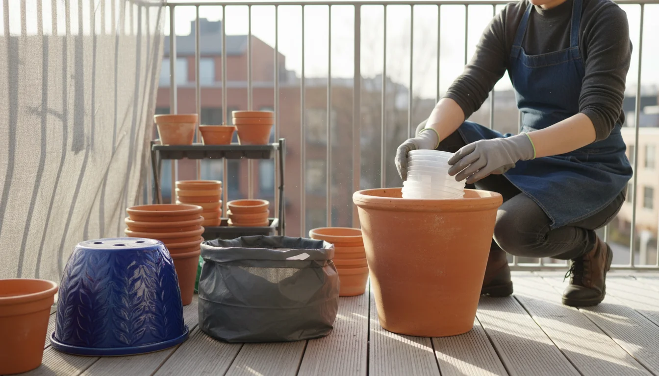 A gardener carefully stacks clean, empty terracotta and plastic pots on a balcony, preparing them for winter storage.