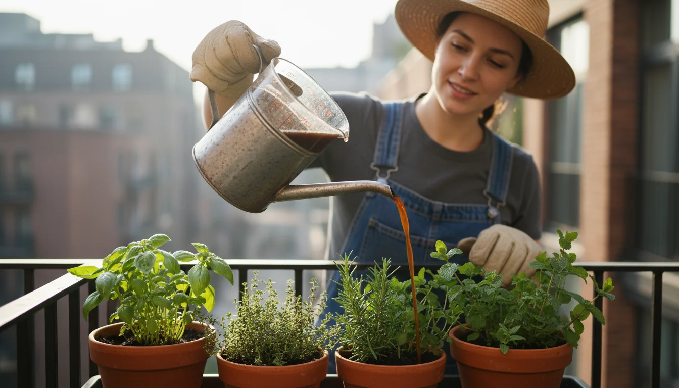 A gardener on a sunny urban balcony carefully pours brown liquid compost tea from a measuring cup into a watering can over herb pots.