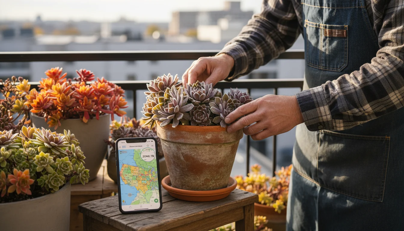 Gardener on urban balcony inspects a cold-hardy Sempervivum in a pot, with a hardiness zone map visible on a nearby phone.
