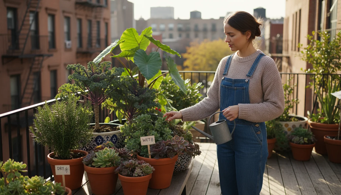 A gardener on an urban balcony observes container plants like succulents, rosemary, kale, and a tropical plant.