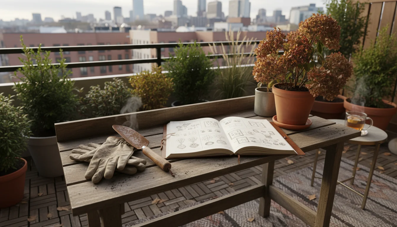 A gardening journal open on an outdoor table next to clean terracotta pots and gardening gloves on a tidy balcony in autumn.