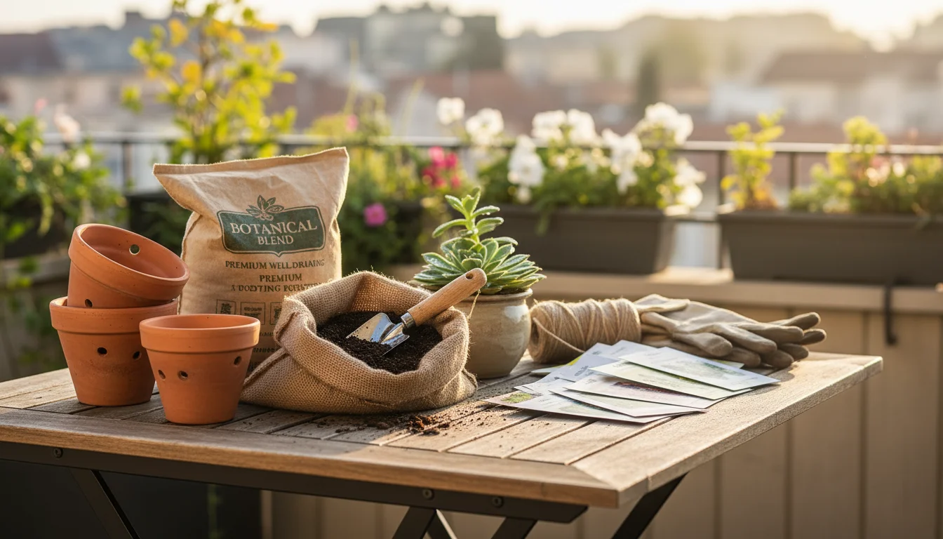 Gardening tools and materials arranged on a wooden table: terracotta pots, potting mix, hand trowel, saffron crocus corms in a basket, and a watering 