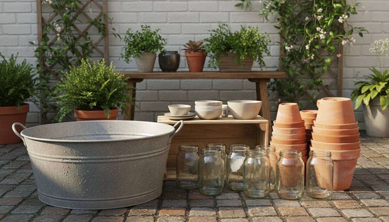 A gleaming, clean galvanized wash tub, stacked terracotta pots, and a wooden crate sit ready for planting on a compact patio.