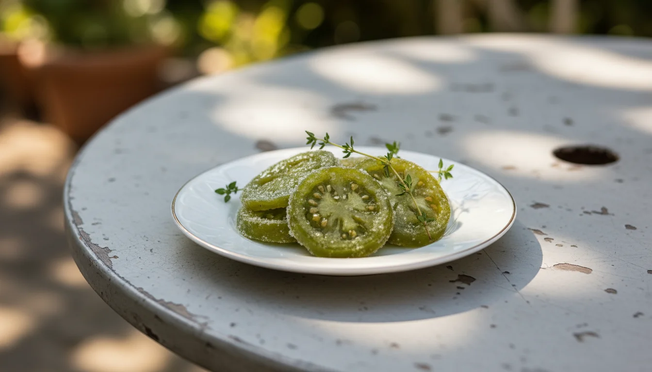 Glistening candied green tomato slices with fresh thyme sprigs on a white plate, sitting on a light gray bistro table.