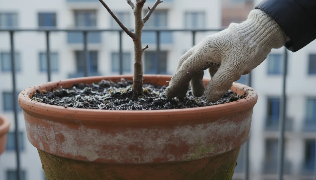 A gloved hand checks the soil moisture of a dormant dwarf fruit tree in a terracotta pot on a winter balcony.